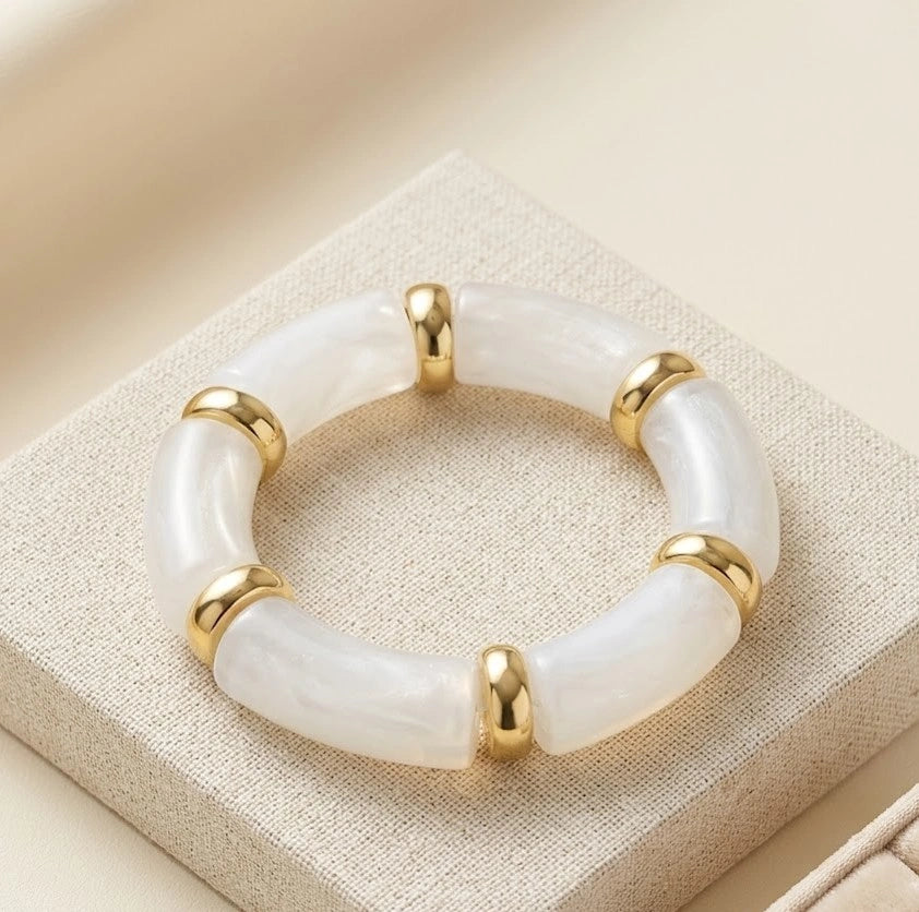 White Marble Pattern Tube Bracelet with Gold Toned Spacers