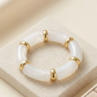White Marble Pattern Tube Bracelet with Gold Toned Spacers