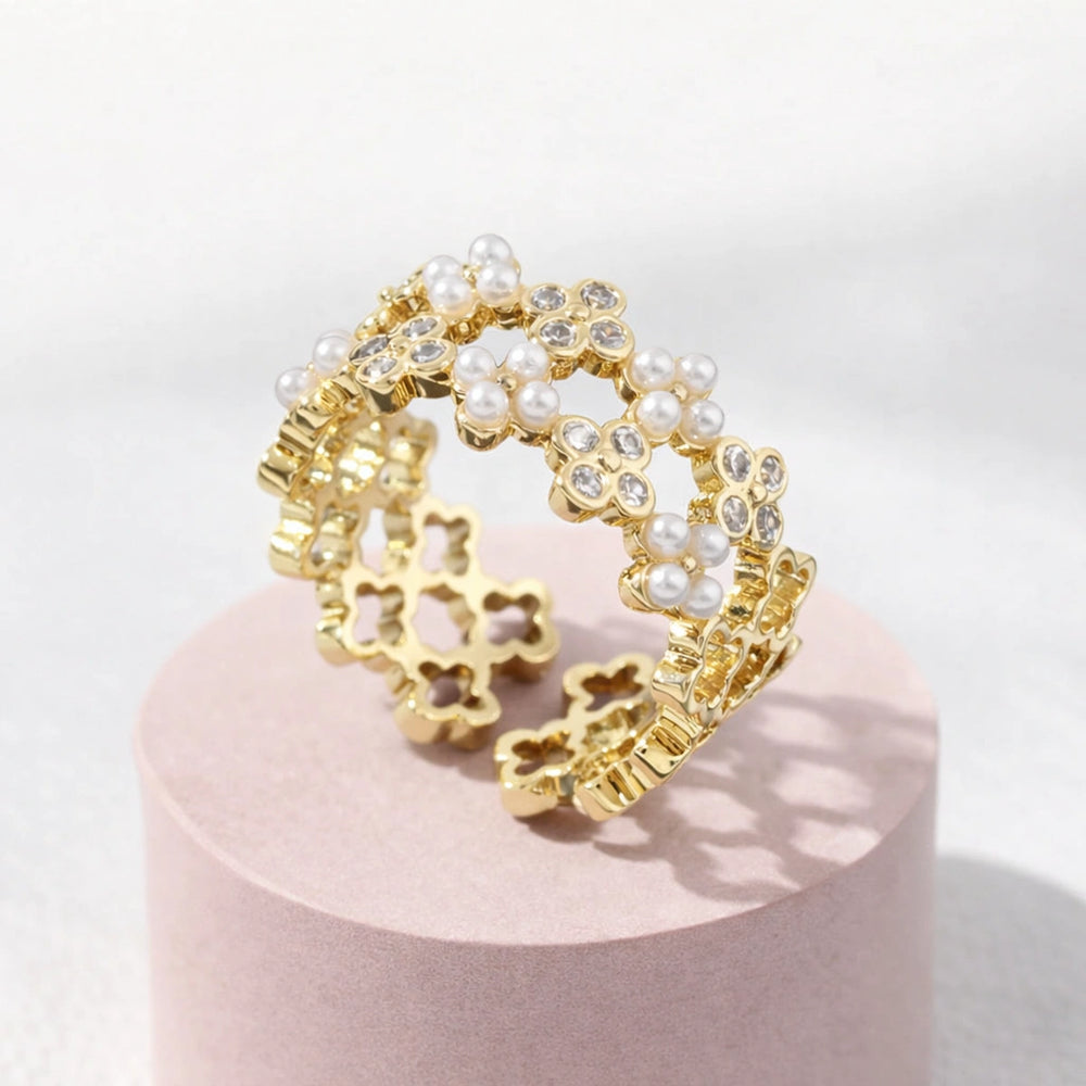 Gold Floral Pearl Adjustable Ring | Dainty Crystal Clover Fashion Ring