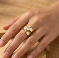Hammered Double Band Adjustable Ring with Oval Stone | Anti-Tarnish Fashion Jewelry