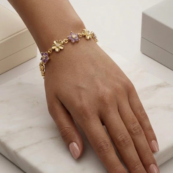 Purple Floral Gold-Plated Bracelet - Anti-Tarnish Dainty Jewelry