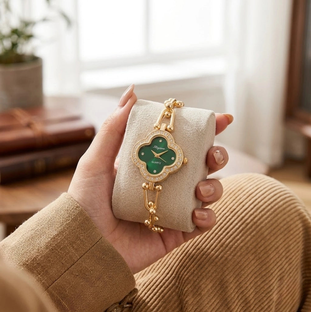 Emerald Green Clover Dial Watch | Anti-Tarnish Gold Plated Bracelet Watch for Women