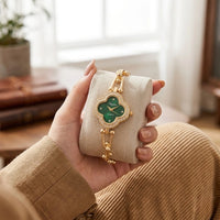 Emerald Green Clover Dial Watch | Anti-Tarnish Gold Plated Bracelet Watch for Women