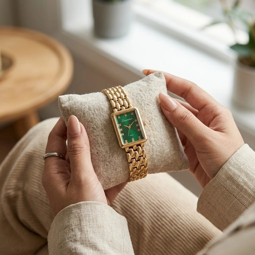 Vintage Emerald Rectangle Watch - Anti-Tarnish Gold Plated