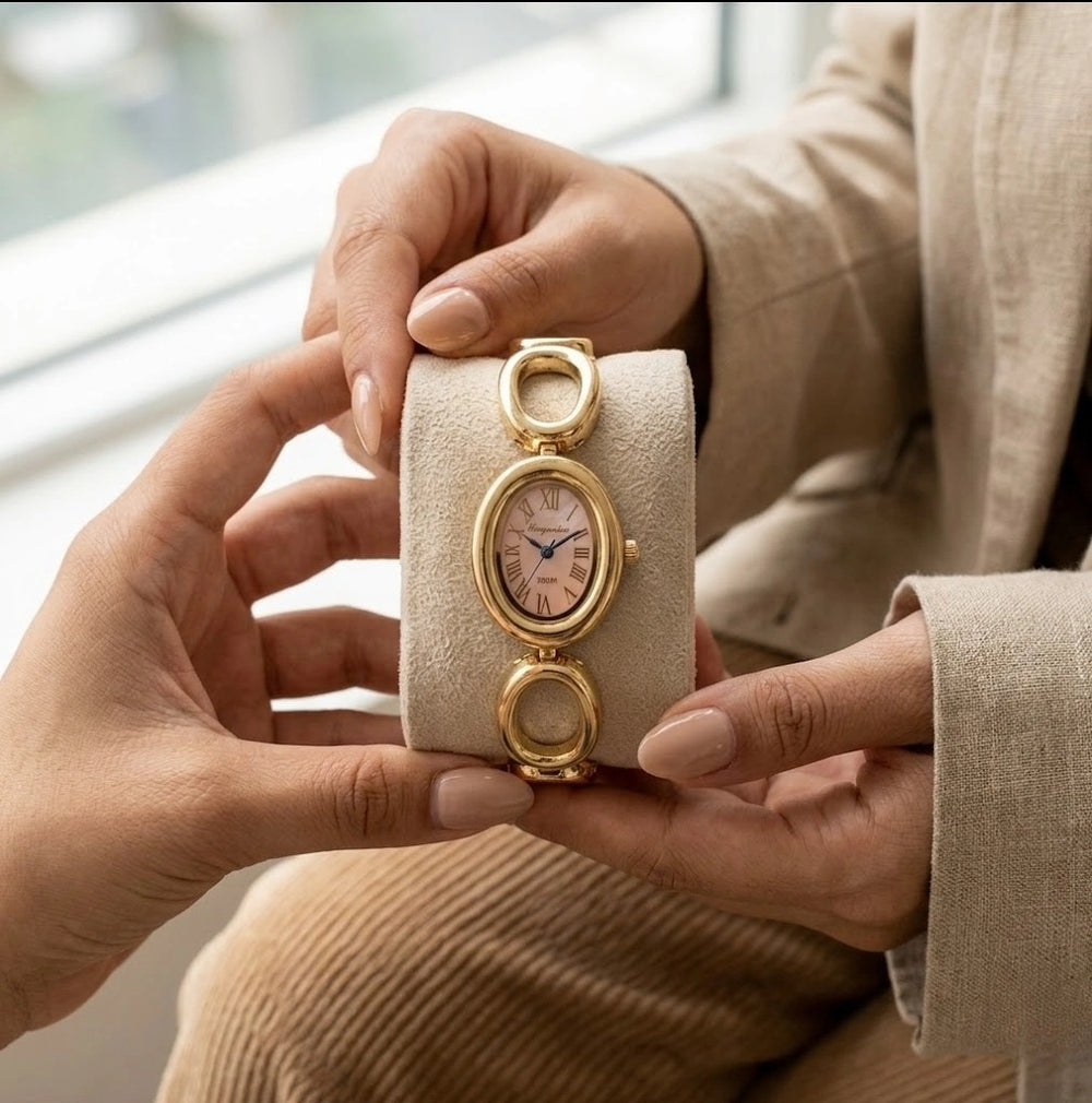 Vintage Oval Pink Dial Watch - Anti-Tarnish Gold Plated