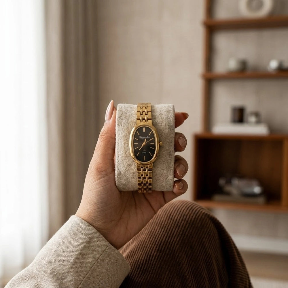 Vintage Oval Black Dial Watch | Anti-Tarnish Gold Plated | Moncheri Jewels