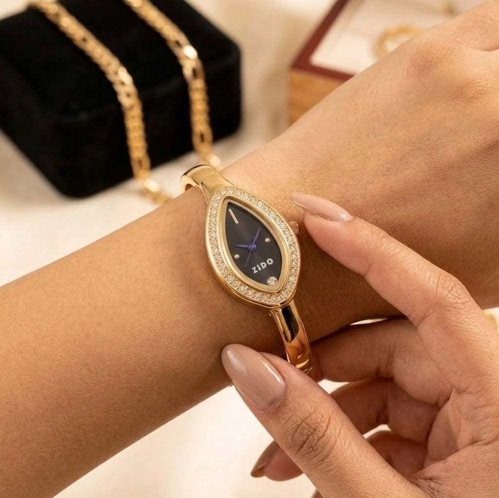 Vintage Teardrop Black Dial Gold-Plated Watch | Anti-Tarnish