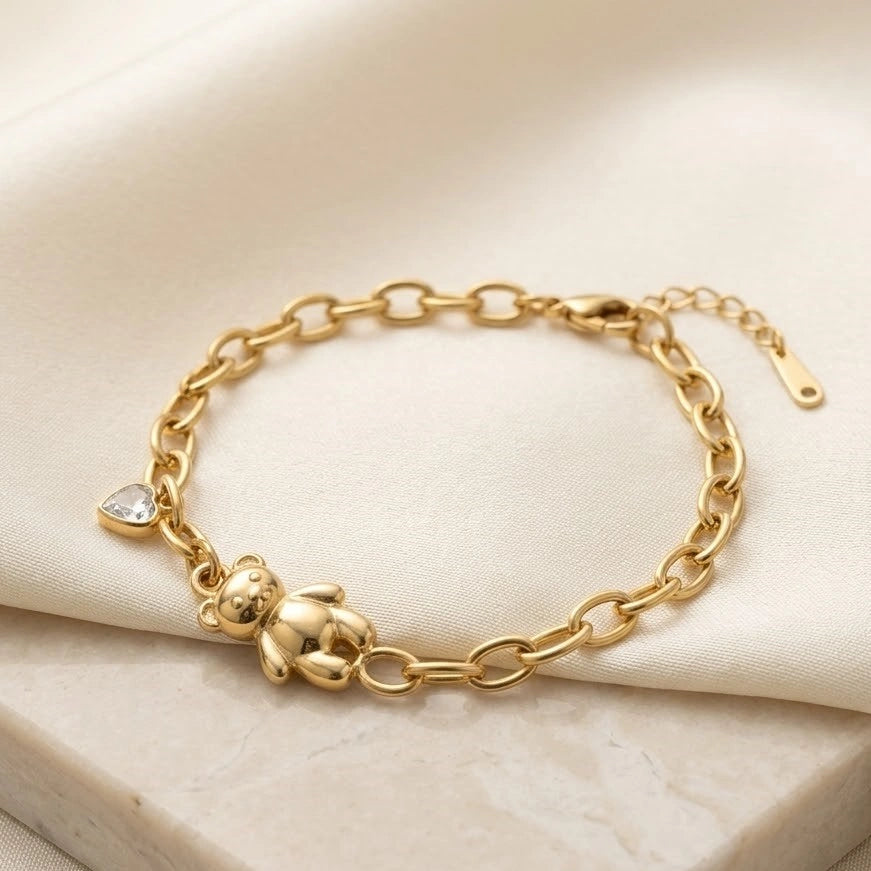 Teddy Bear & Heart Charm Bracelet | Anti-Tarnish Gold-Plated