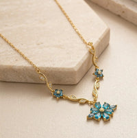 Blue Floral Vine Pendant Necklace - Anti-Tarnish Gold Plated-Tulip