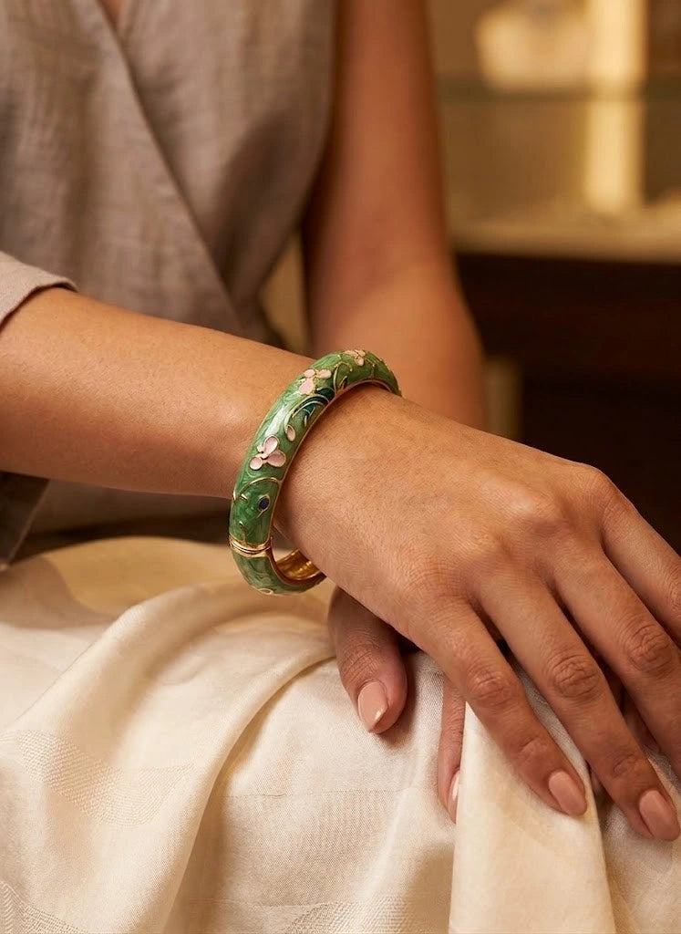 Green Enamel Floral Bangle | Vintage Gold Plated Bracelet
