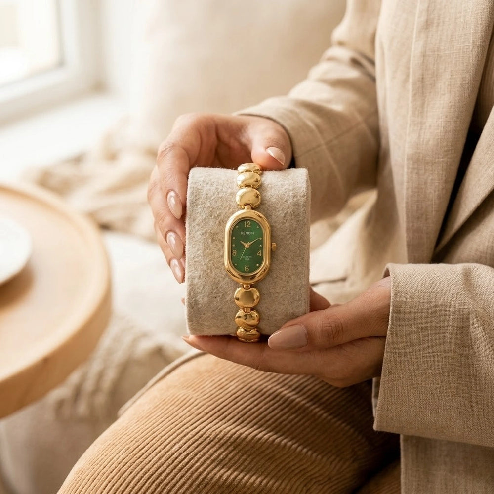 Vintage Emerald Green Oval Watch | Anti-Tarnish Gold Plated