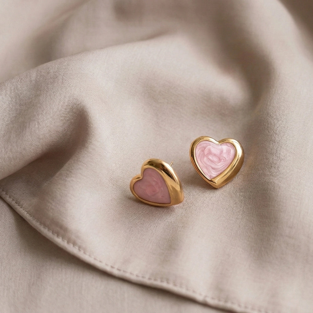 Pink Enamel Heart Stud Earrings with Gold Finish