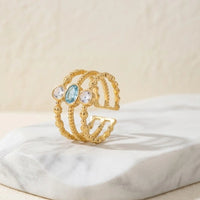 Anti-Tarnish Triple Band Blue Stone Ring | Gold Plated Adjustable Stacking Ring