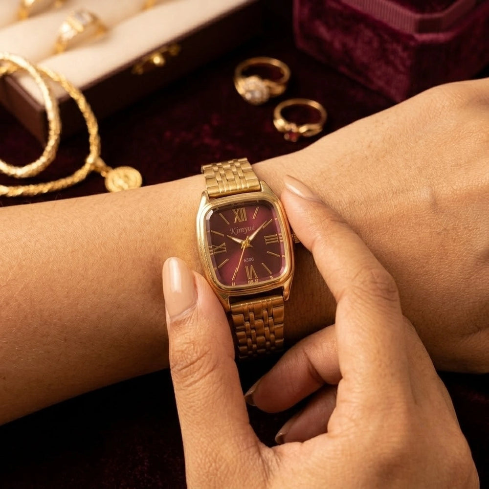 Classic Vintage Burgundy Dial Gold Plated Watch | Anti-Tarnish