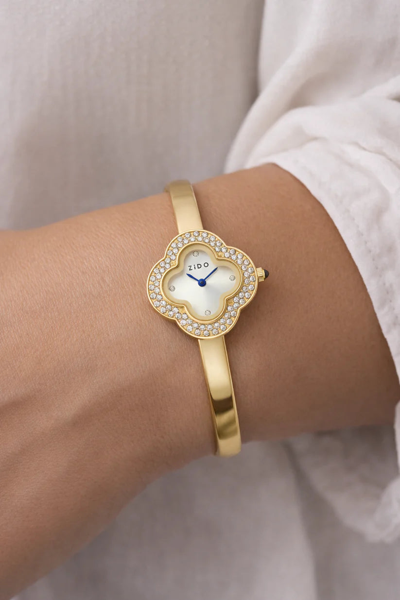 Premium Clover Anti-Tarnish Gold Plated Bangle Watch for Women