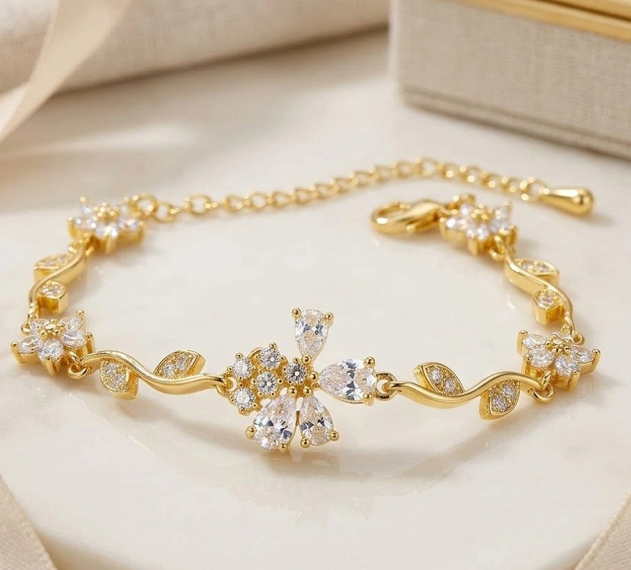 Tulip Floral Vine Zircon Anti-Tarnish Gold Plated Bracelet